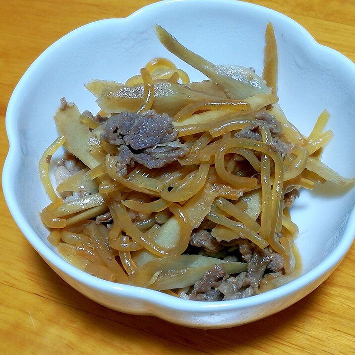 しらたきでヘルシー♪ごぼうと牛肉のすき焼き風金平